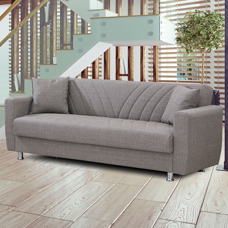 Divano letto 3 posti in tessuto beige con contenitore 214x80xH.83 cm