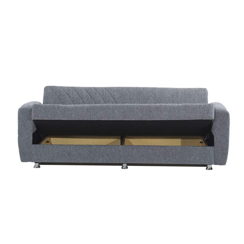 Divano letto 3 posti in tessuto grigio con contenitore 214x80xH.83 cm