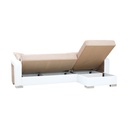Divano letto ecolpelle bianco e tessuto beige con penisola a destra 240x140xh.88 cm
