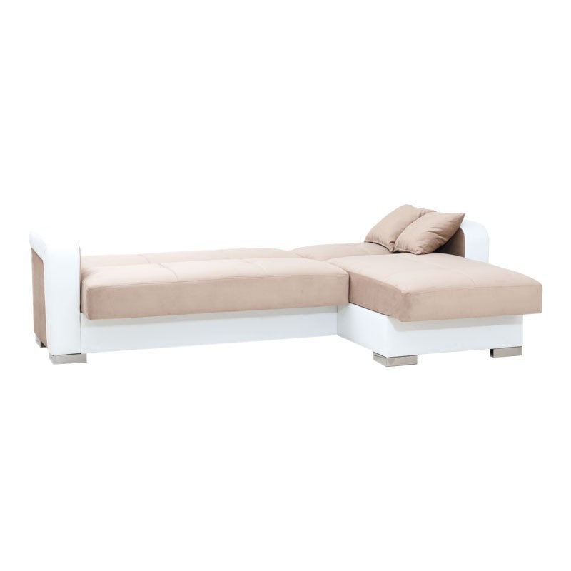 Divano letto ecolpelle bianco e tessuto beige con penisola a destra 240x140xh.88 cm