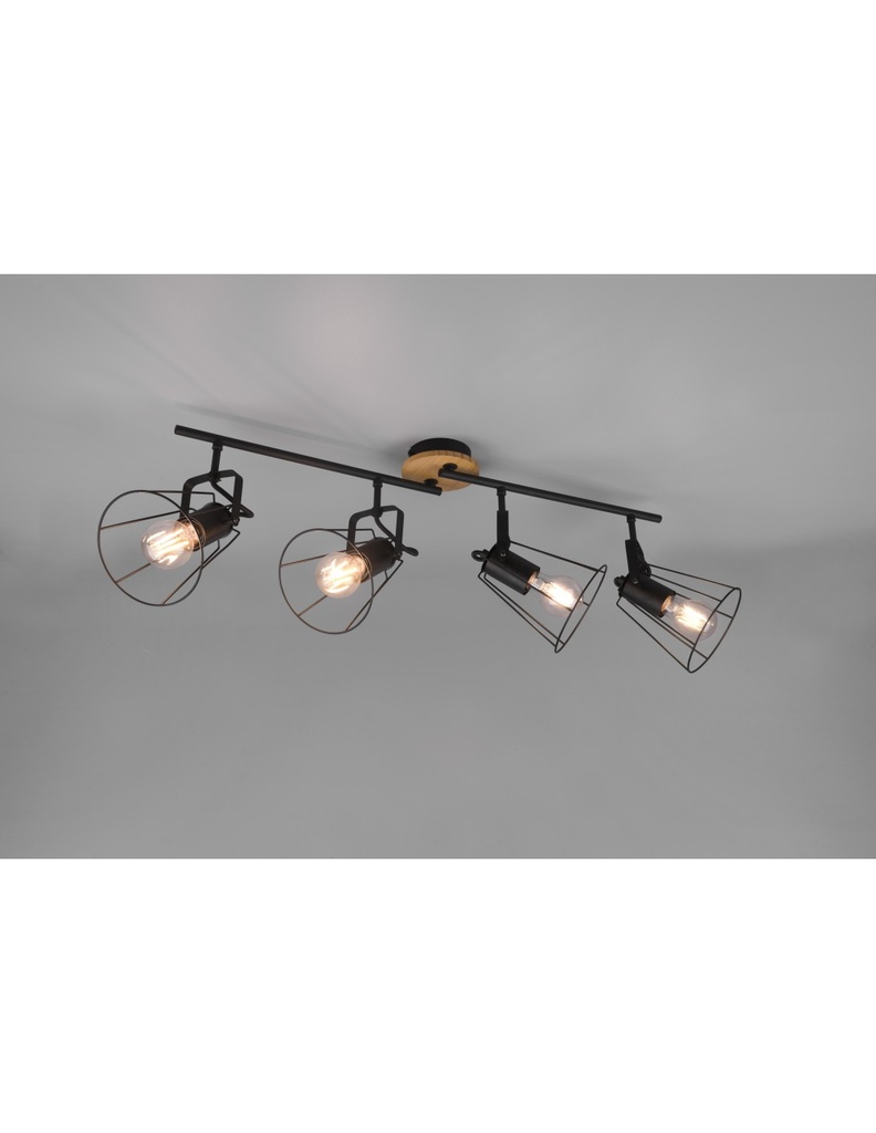Faretto 4 Spot Orientabili Jaipur Industriale Vintage Nero E Legno Trio Lighting