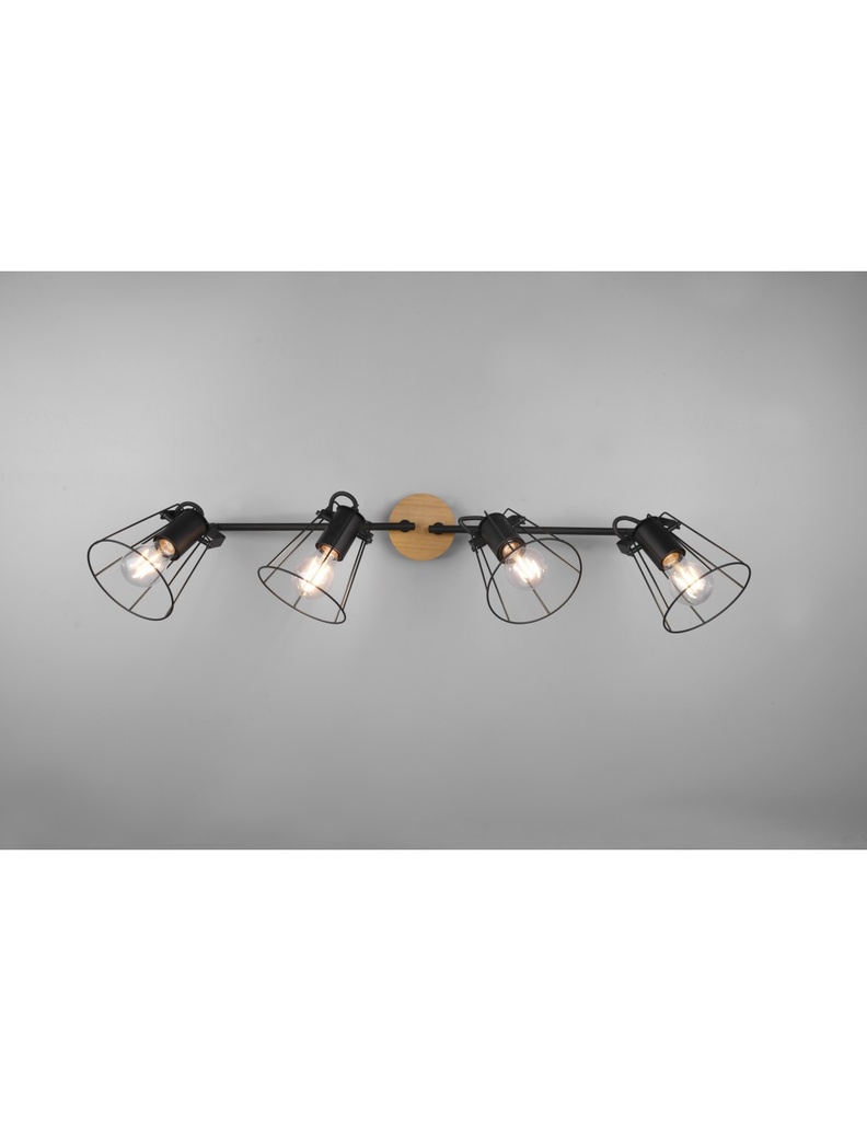 Faretto 4 Spot Orientabili Jaipur Industriale Vintage Nero E Legno Trio Lighting