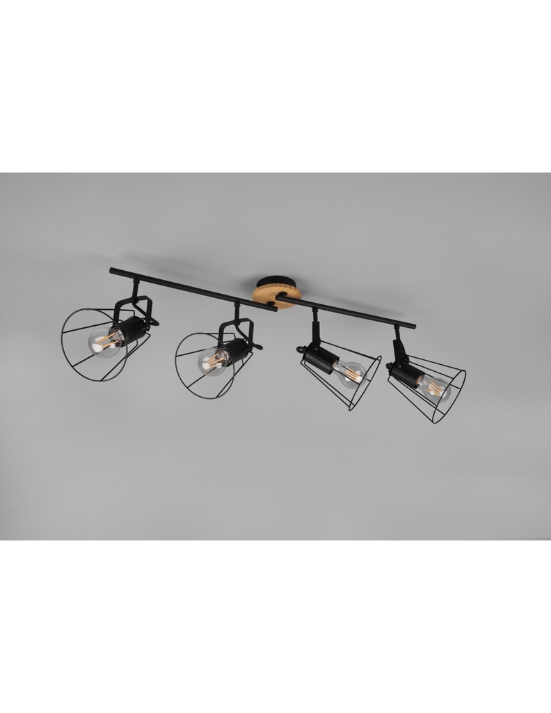 Faretto 4 Spot Orientabili Jaipur Industriale Vintage Nero E Legno Trio Lighting