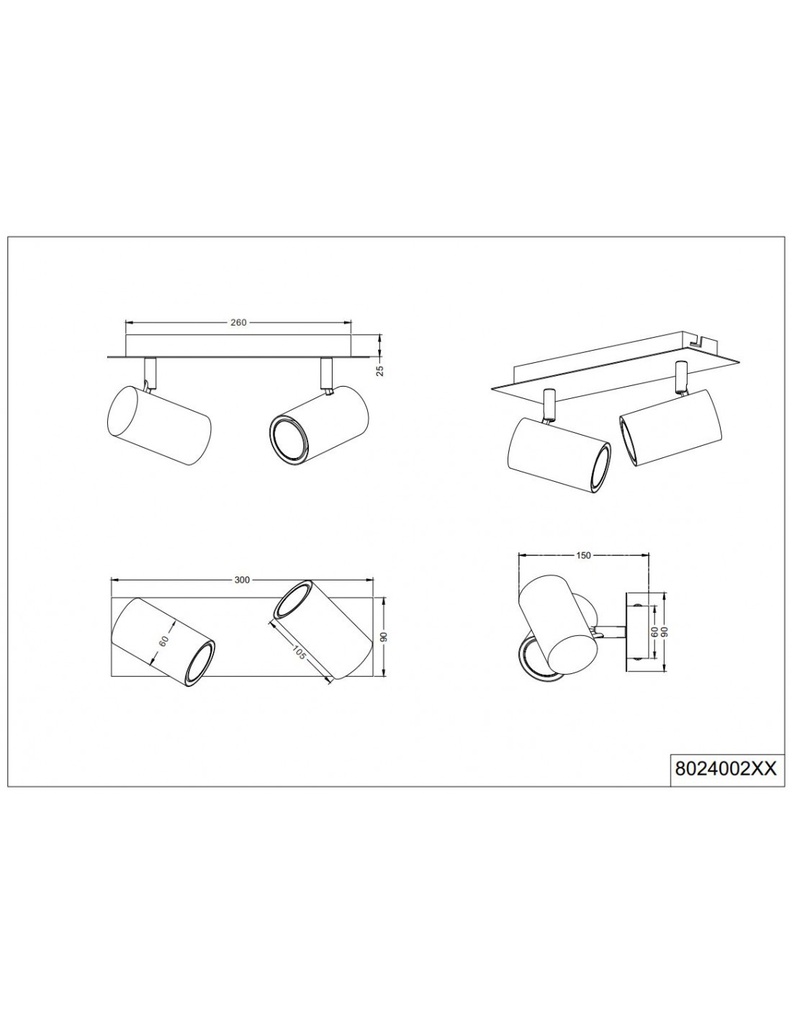 Faretto Marley Base Oro 2 Spot Cilindrici Neri Orientabili Trio Lighting