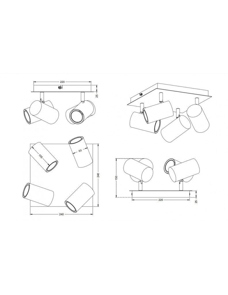 Faretto Marley Piastra Quadrata Oro 4 Spot Cilindrici Neri Orientabili Trio Lighting