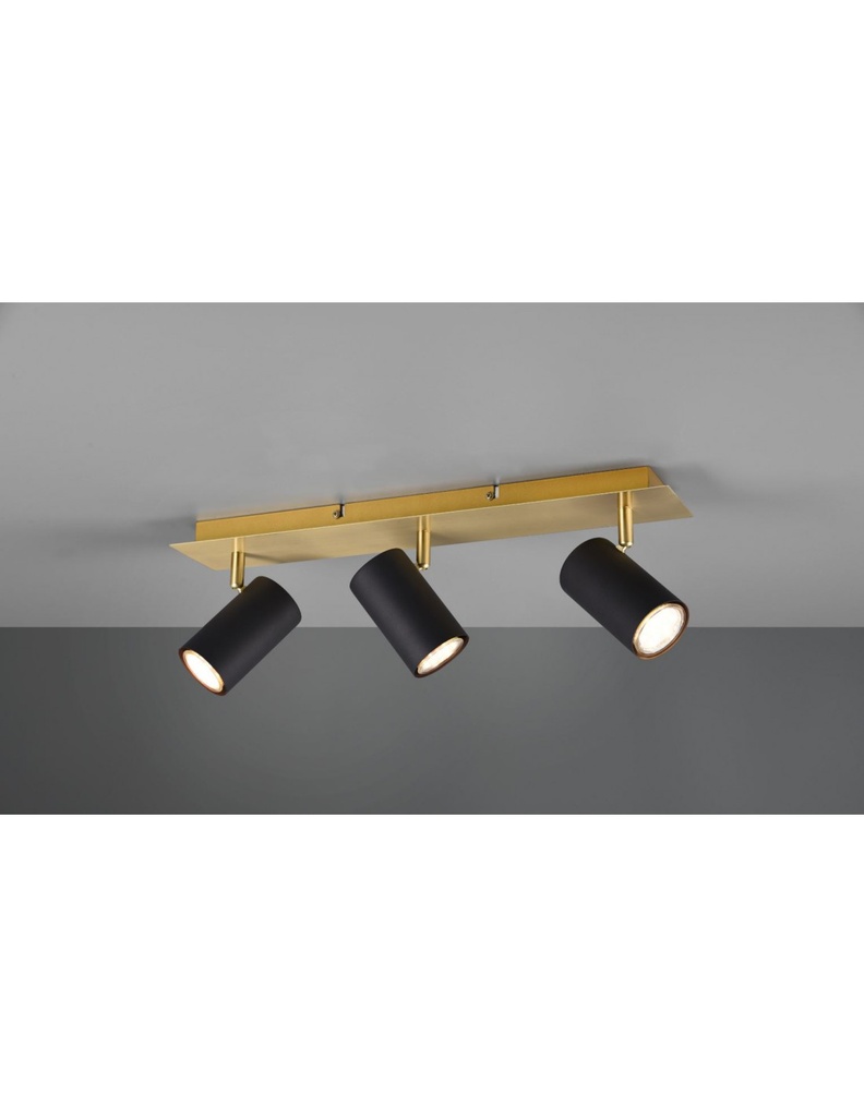 Faretto Marley Piastra Rettangolare Oro 3 Spot Cilindrici Neri Orientabili Trio Lighting