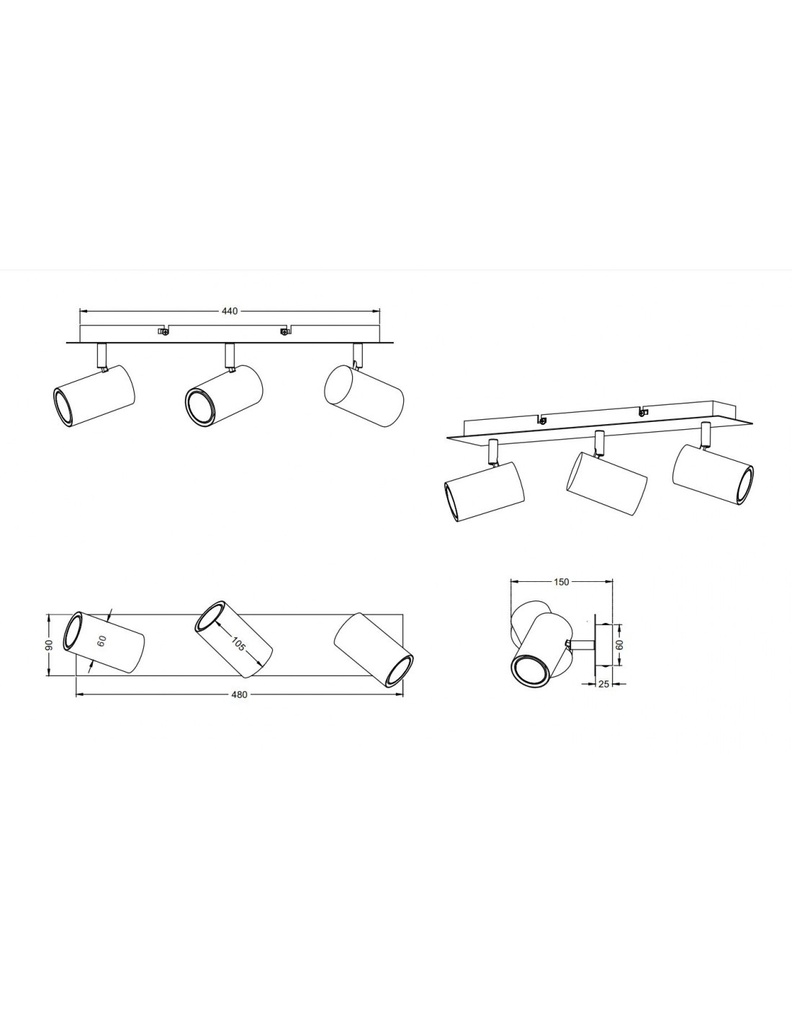 Faretto Marley Piastra Rettangolare Oro 3 Spot Cilindrici Neri Orientabili Trio Lighting
