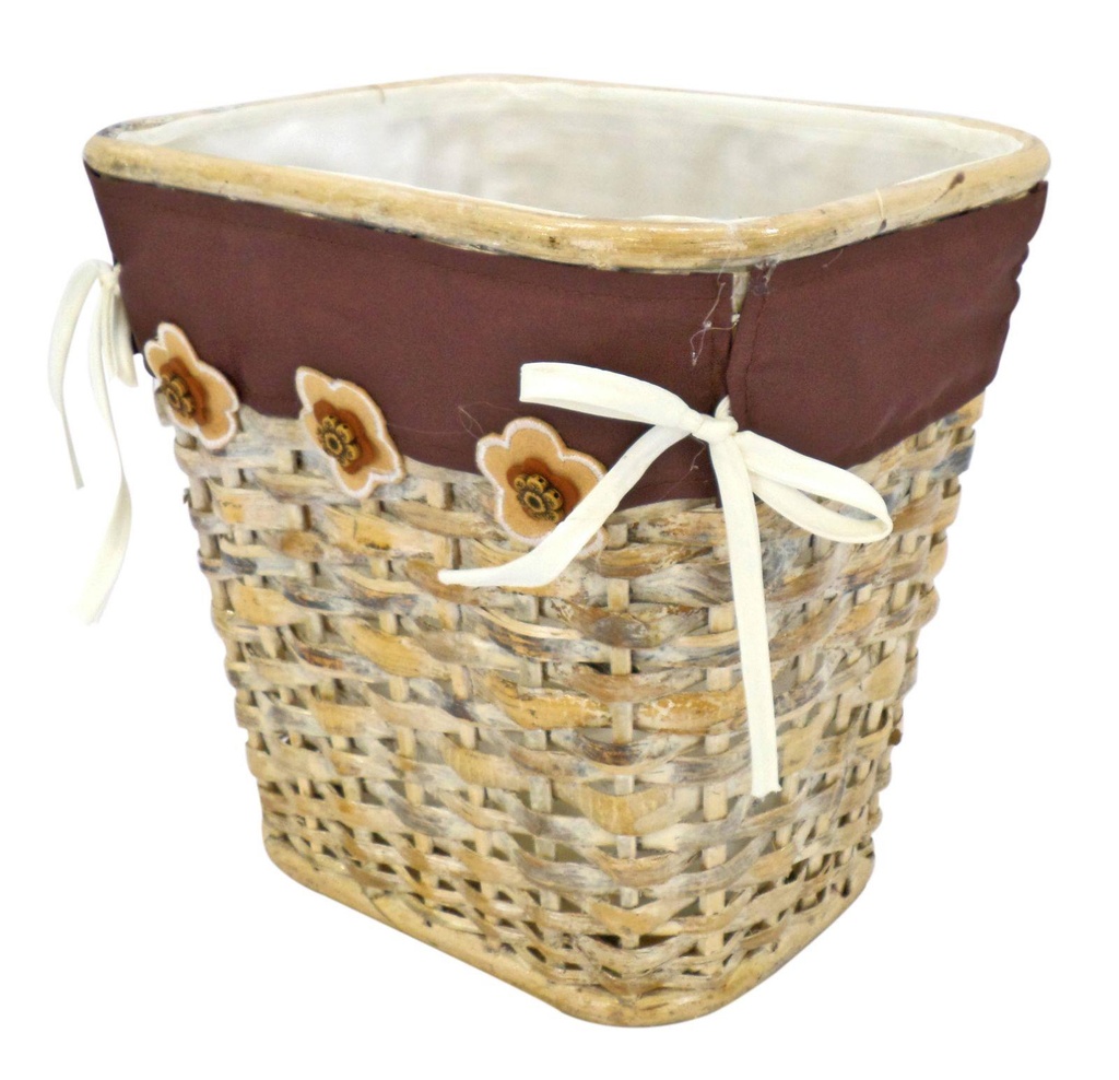 Single white rattan paper bin with brown lining and rectangular flowers cm25xh25x20