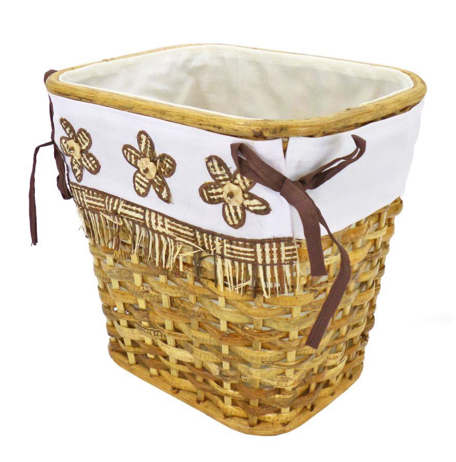 Rectangular walnut rattan paper bin with brown flowers lining cm25x20h25