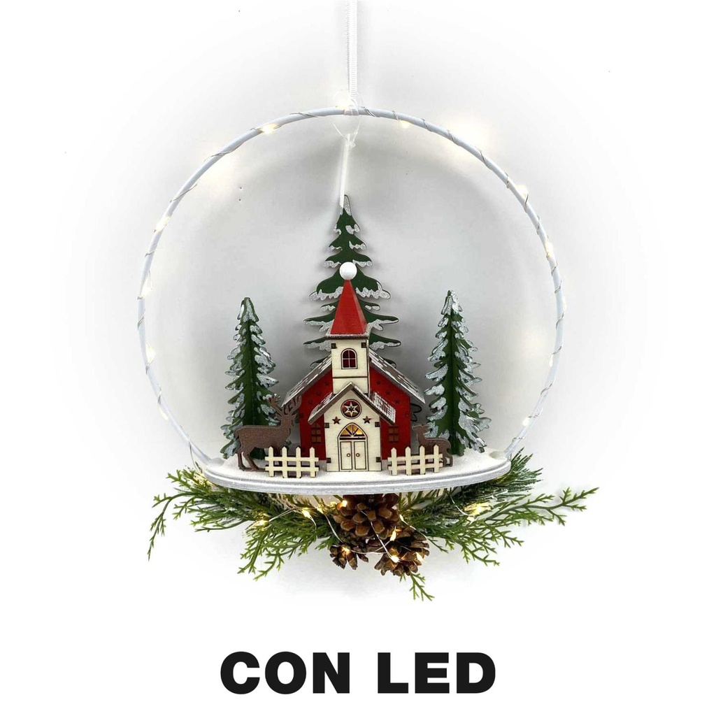 Ghirlanda metallo led con chiesa rosso cm25x7x47,5