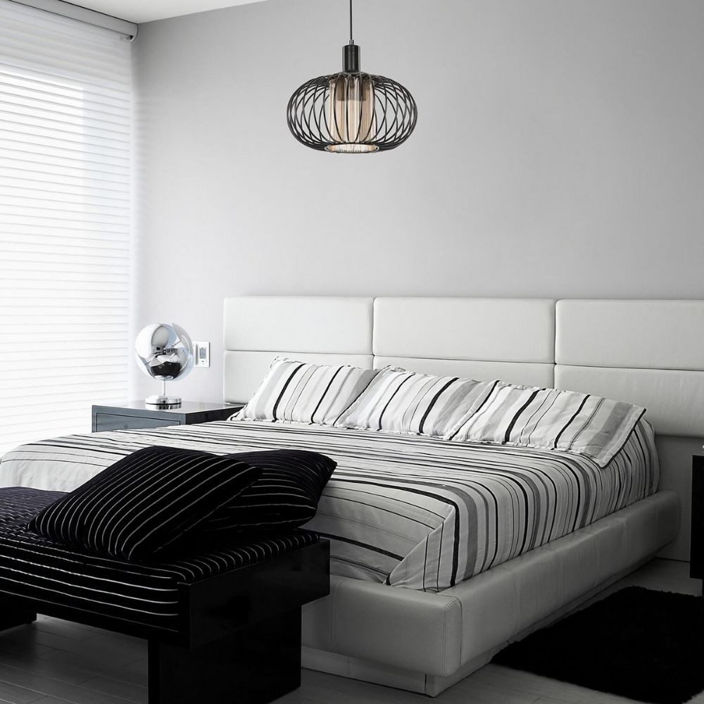 Lampada a sospensione Terla MDL3674 con struttura in ferro e diffusore in vetro