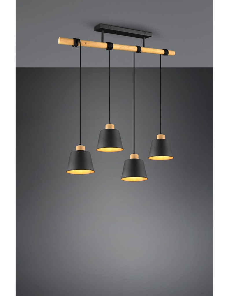 Lampadario Barra Legno 4 Paralumi Nero Oro Harris Trio Lighting