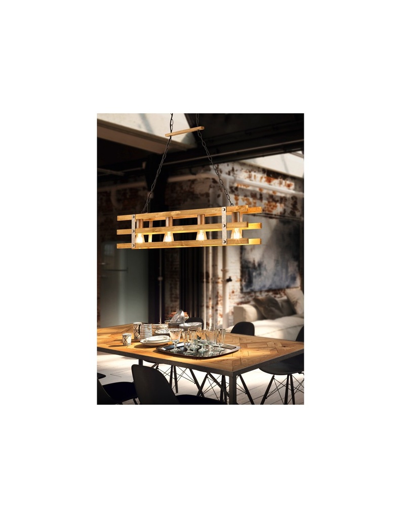 Lampadario Legno Design Rustico Khan 4 Luci Trio Lighting