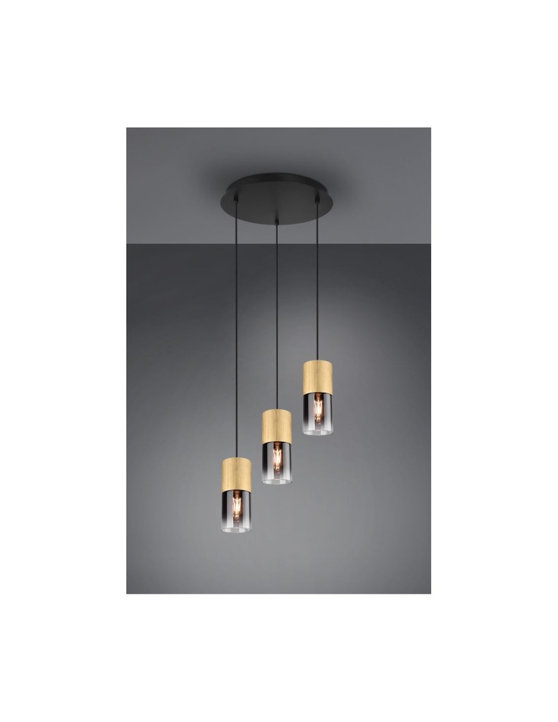 Lampadario Rotondo 3 Luci Cilindro Ottone Vetro Fumé Robin Trio Lighting