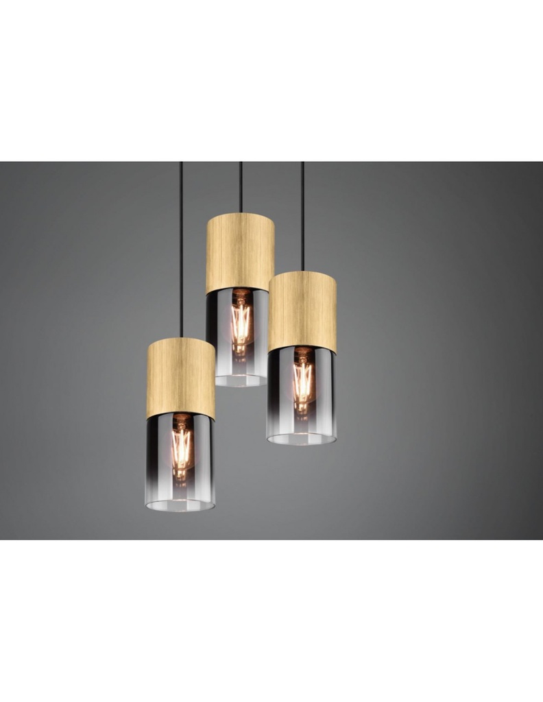 Lampadario Rotondo 3 Luci Cilindro Ottone Vetro Fumé Robin Trio Lighting