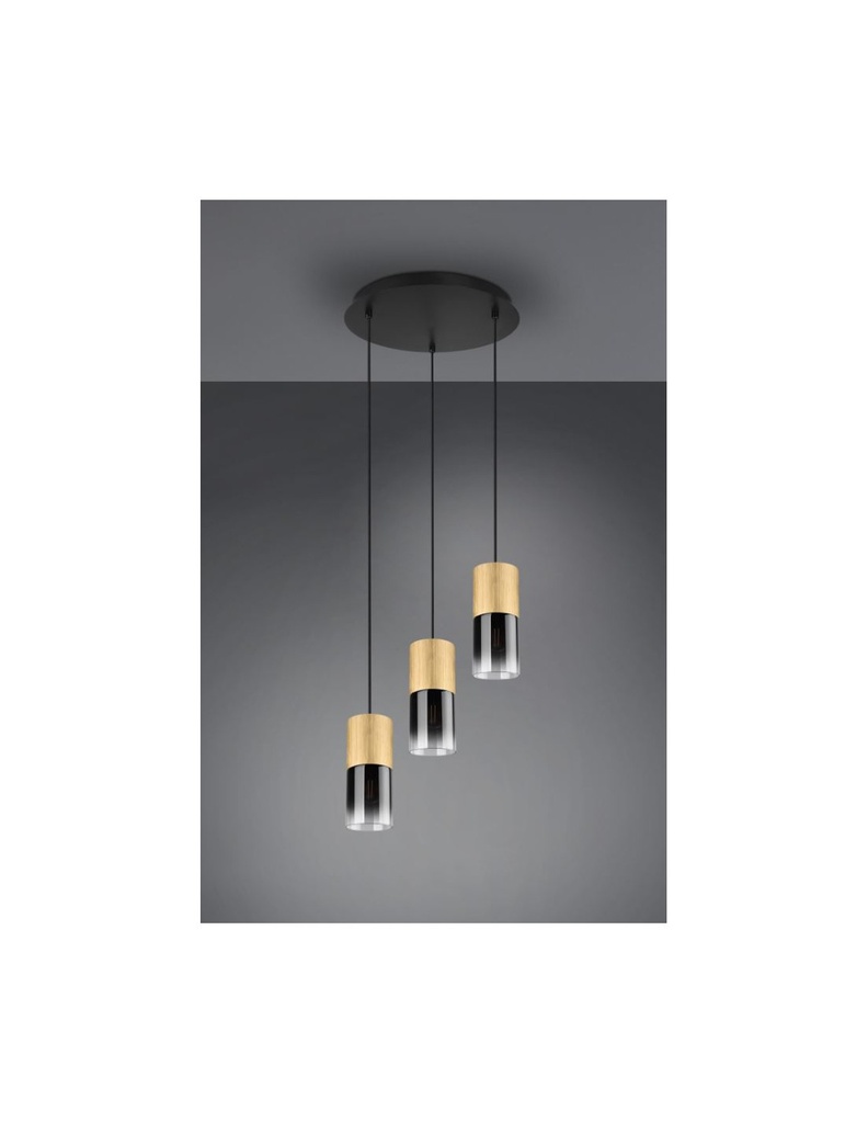 Lampadario Rotondo 3 Luci Cilindro Ottone Vetro Fumé Robin Trio Lighting