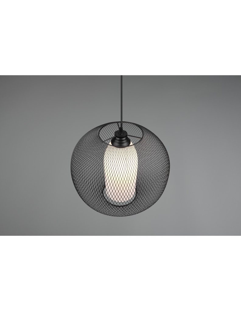 Lampadario Sospensione Diffusore Gabbia Tonda Metallica Nero Con Vetro Opale Filo Trio Lighting