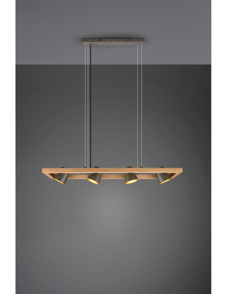 Lampadario Sospensione Rettangolare 4 Spot Orientabili Legno E Metallo Nichel Bell Trio Lighting