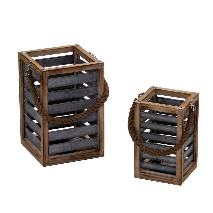 Brown wooden lantern 1-2 with square rope handle cm19x19h28,5