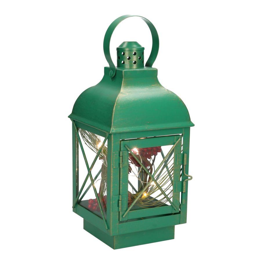 Lanterna metallo verde con led quadro cm11x11h24