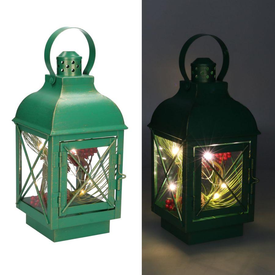 Lanterna metallo verde con led quadro cm11x11h24