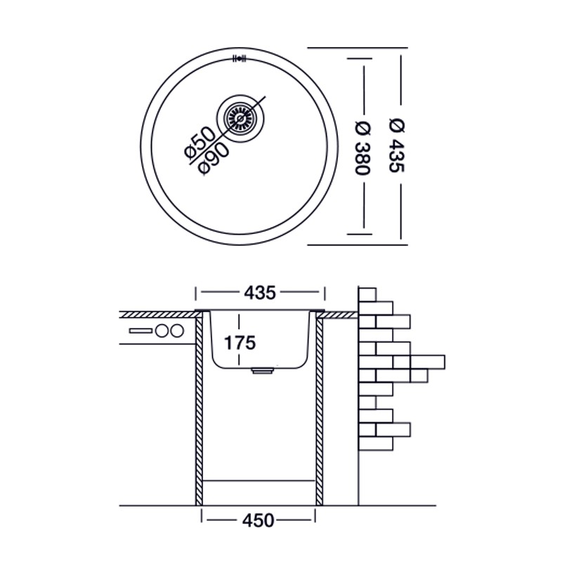 Lavello cucina a pozzetto in acciaio inox da incasso diam. 43.5 cm
