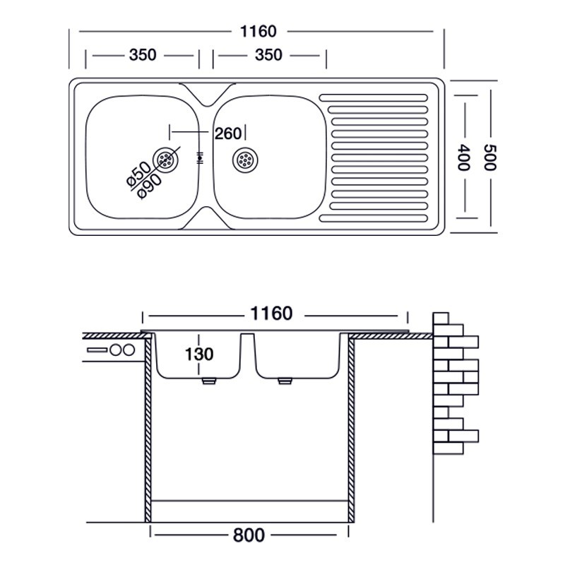 Lavello cucina due vasche acciaio da incasso  gocciolatoio a dx 50x116 cm