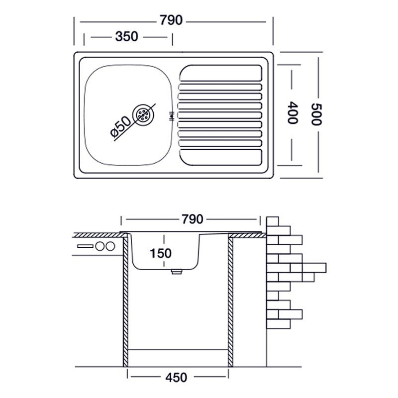 Lavello cucina vasca acciaio inox da incasso gocciolatoio sx 50x79 cm