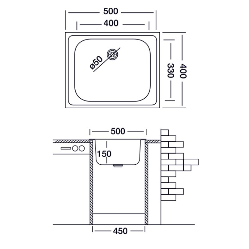 Lavello da cucina una vasca in acciaio inox satinato da incasso 40x50 cm