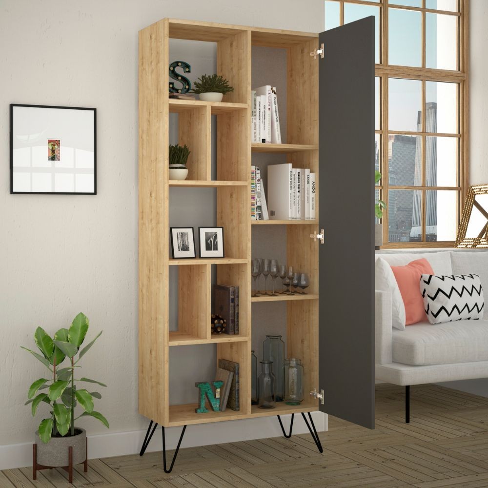 Libreria Jedda rovere con anta antracite L 80,6 x P 29,6 x H 191 cm