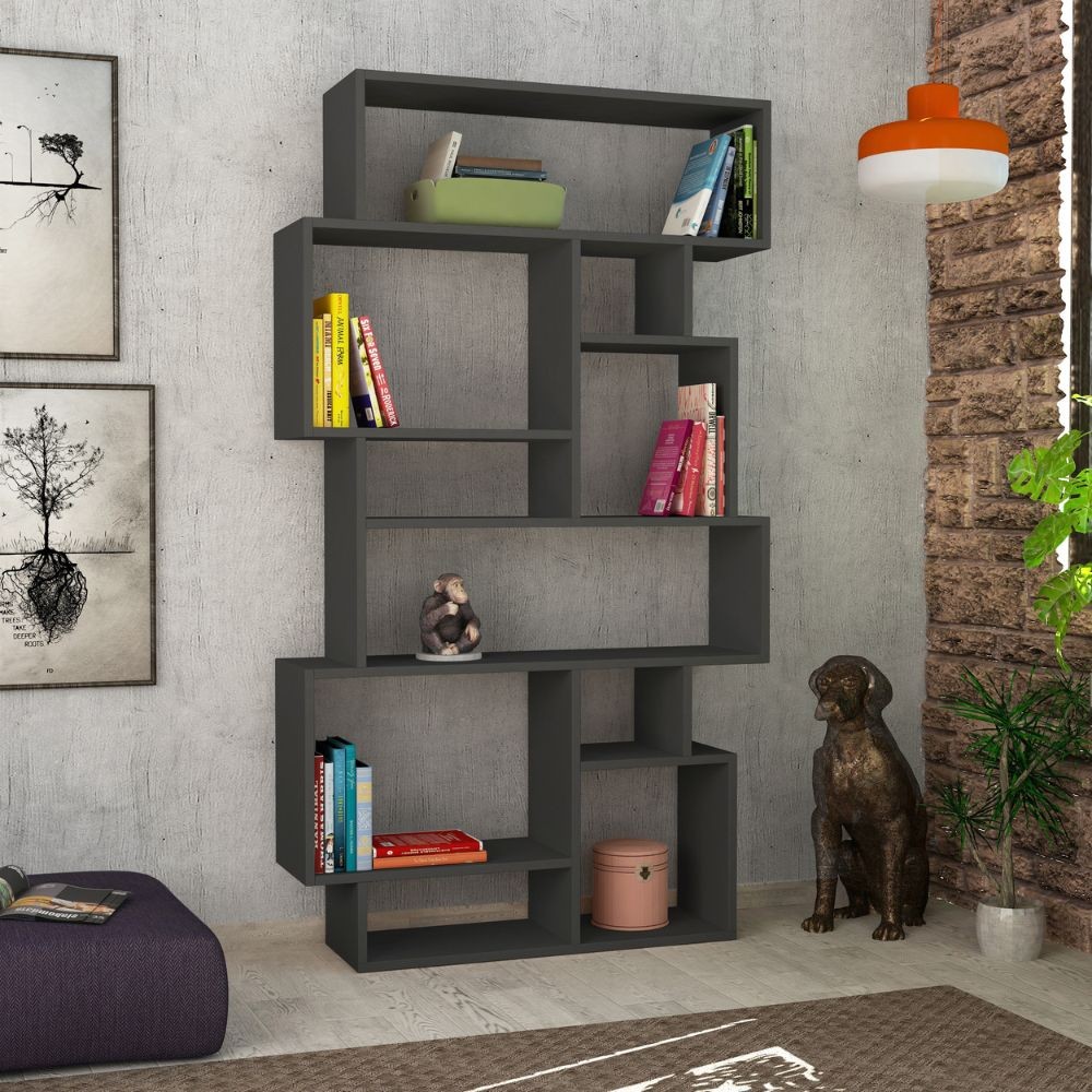 Libreria orizzontale bifacciale antracite con 10 scomparti aperti L 96 x P 25,5 x H 168,5 cm