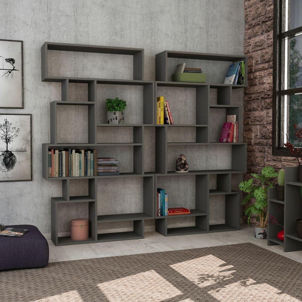 Libreria orizzontale bifacciale antracite con 10 scomparti aperti L 96 x P 25,5 x H 168,5 cm