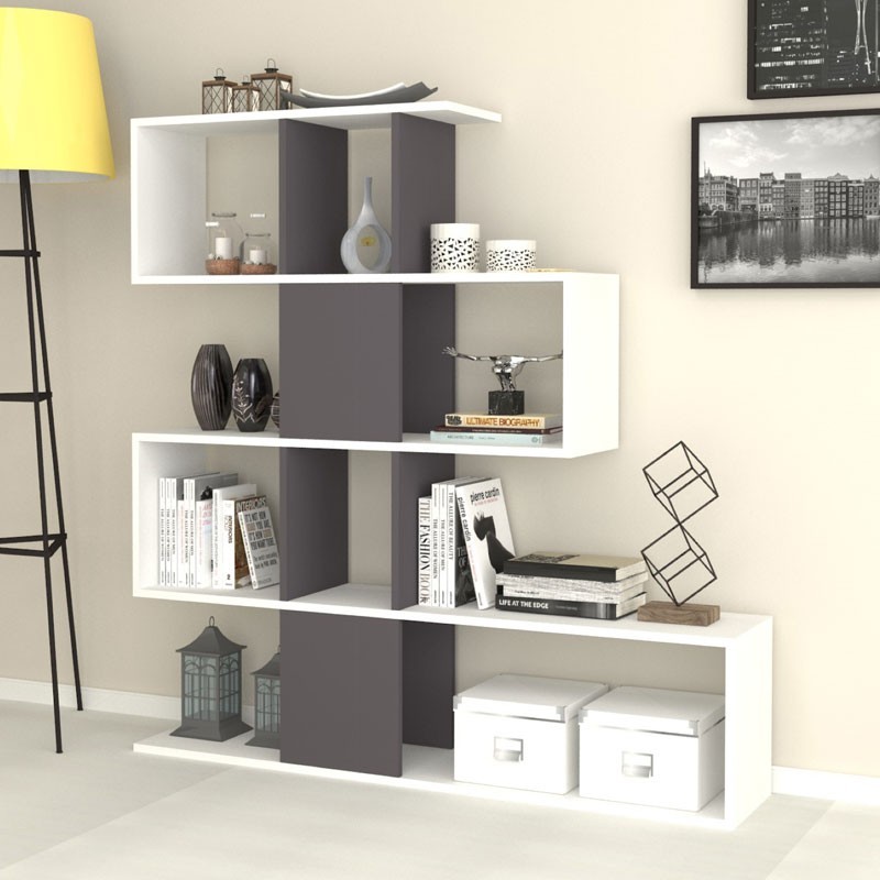 Libreria scaffale 4 livelli  9 scomparti bianco grigio 145x29xh.145 cm