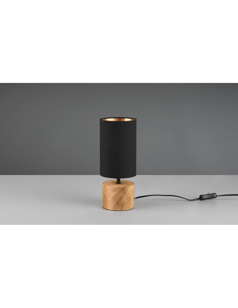Lumetto Comodino Woody Rotondo Base Legno Paralume Nero Trio Lighting