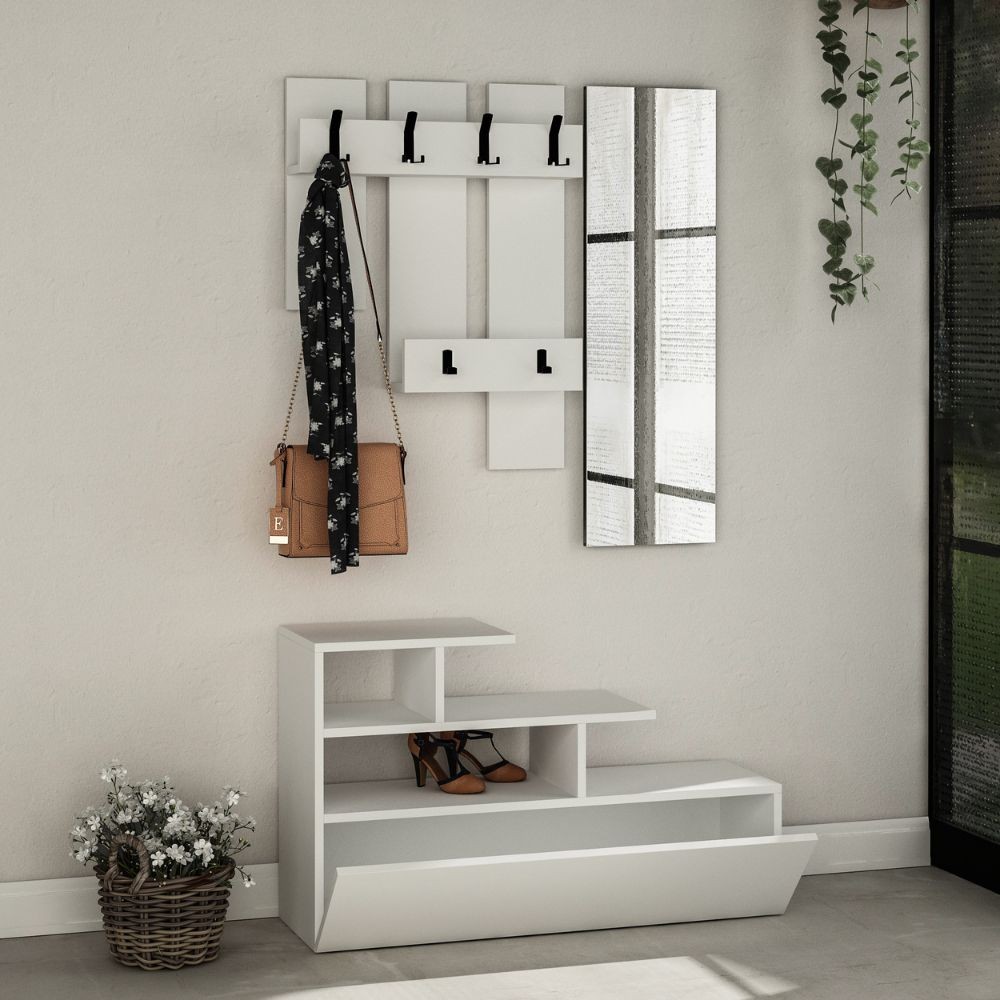 Mobile ingresso Vesty bianco con scarpiera e specchio  100x30x122 cm