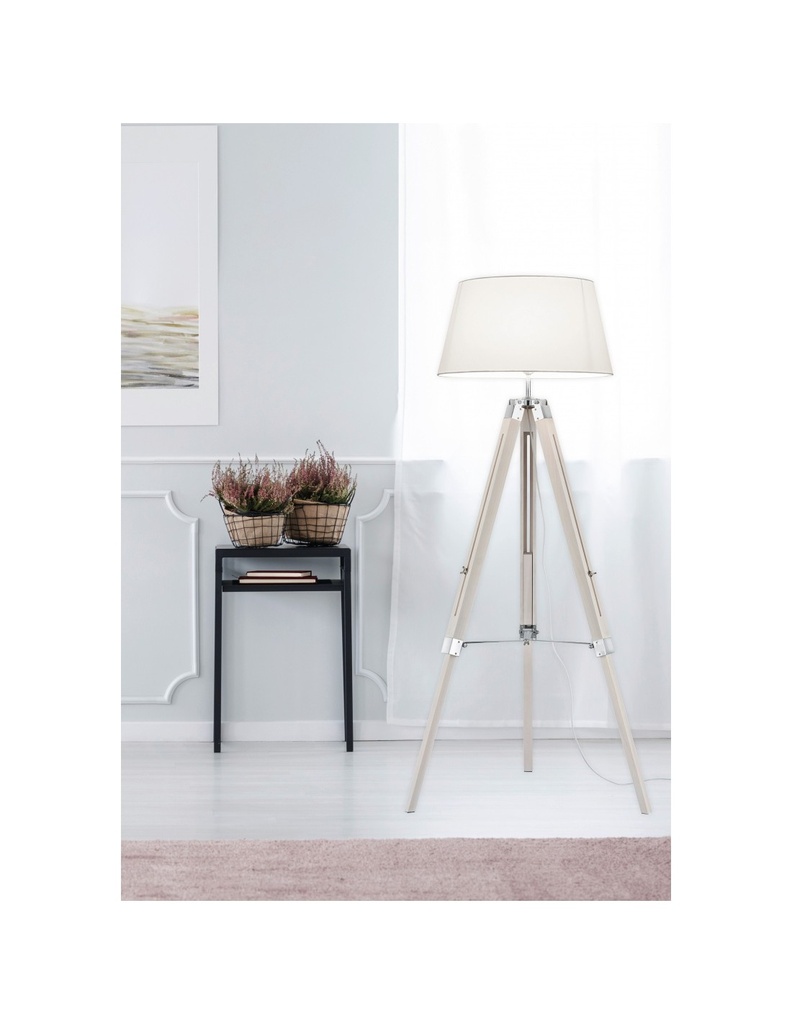 Piantana Moderna Treppiede Legno Tessuto Bianco Tripod H143 cm Trio Lighting