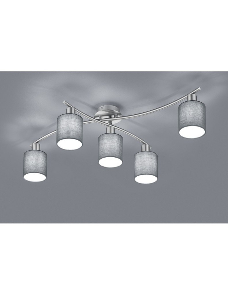 Plafoniera Garda Nichel 5 Paralumi Tessuto Grigio L75 cm Trio Lighting