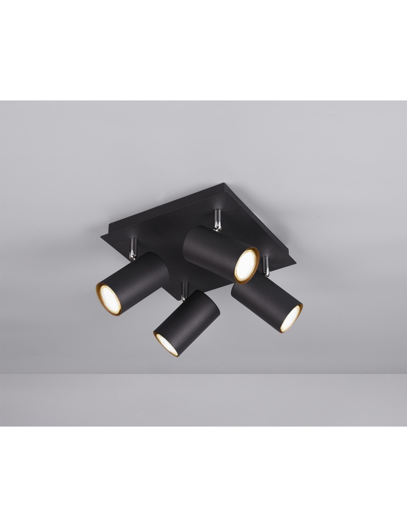 Plafoniera Quadrata 4 Faretti Orientabili Marley Nero Trio Lighting