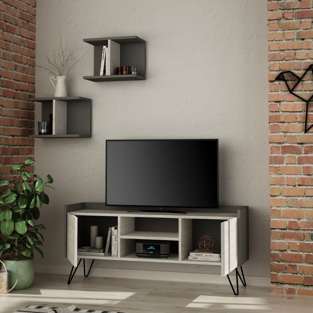 Porta TV Klappe antracite con ante bianche vintage e due mensole 56,50x125,50x33 cm