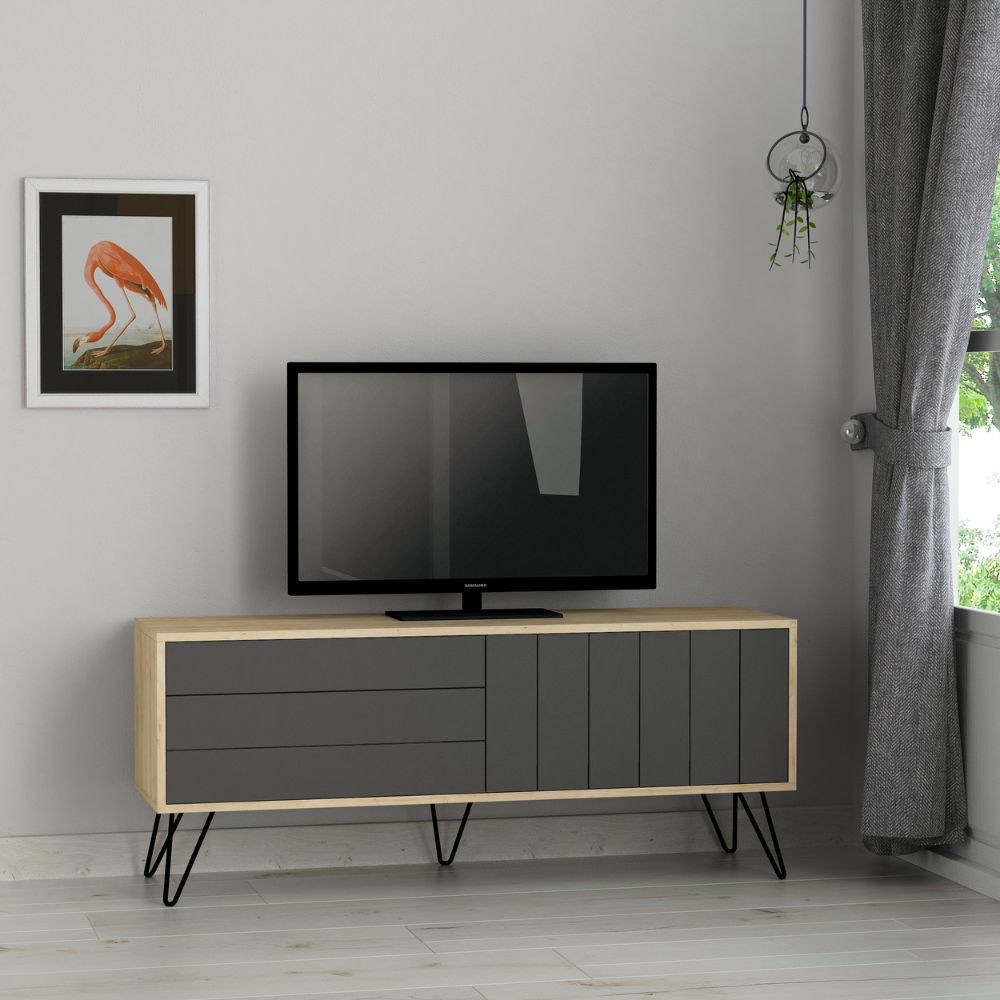 Porta TV Picadilly con Struttura Rovere e 2 Ante a Ribalta Antracite H57 x L139 x P36 cm