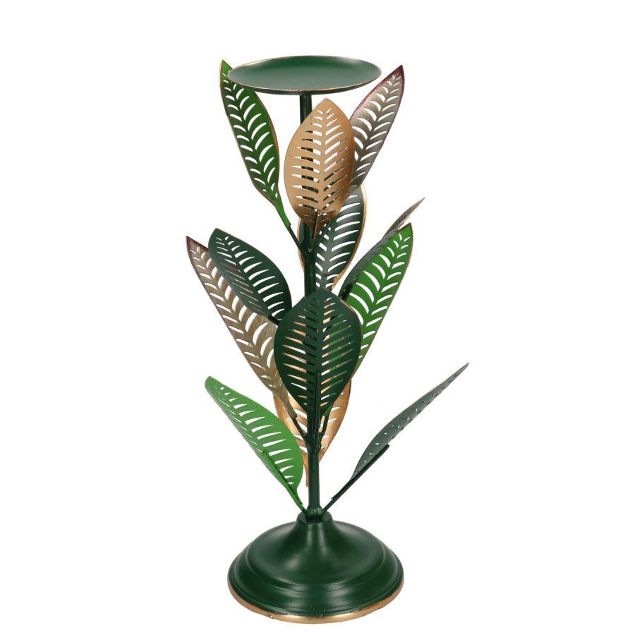 Portacandele metallo verde oro foglie 1p cmø21h38