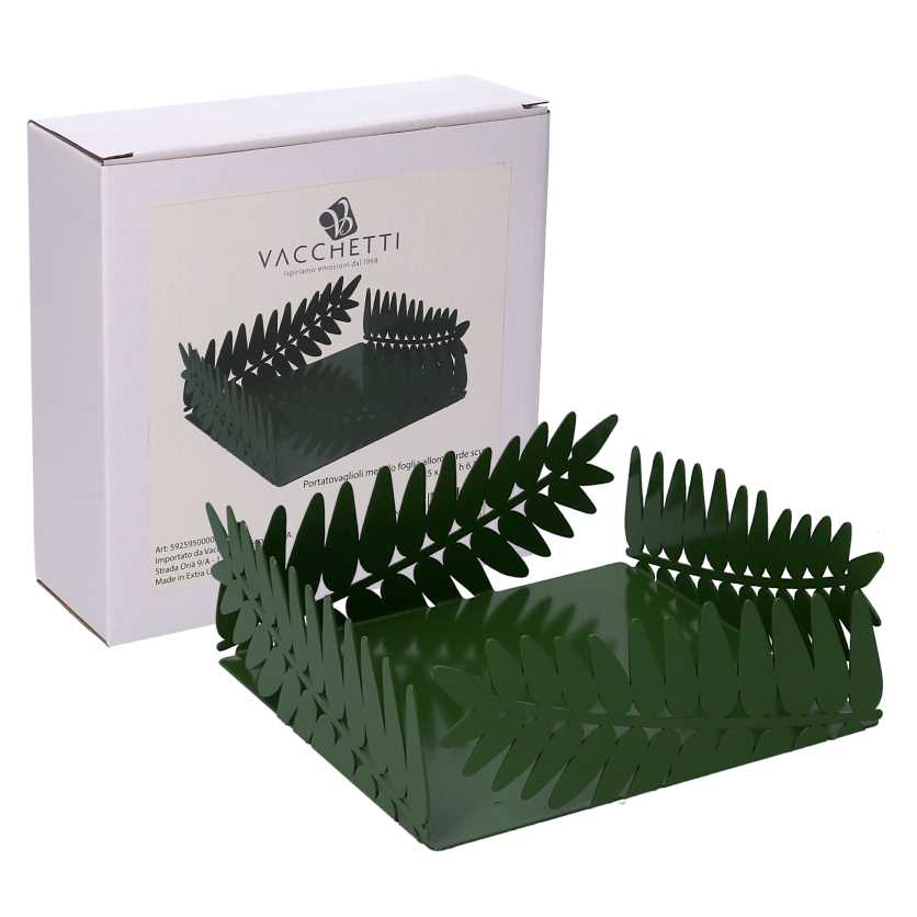 Portatovaglioli metallo foglia alloro verde scuro rettangolare cm16,5x16,5h6,5