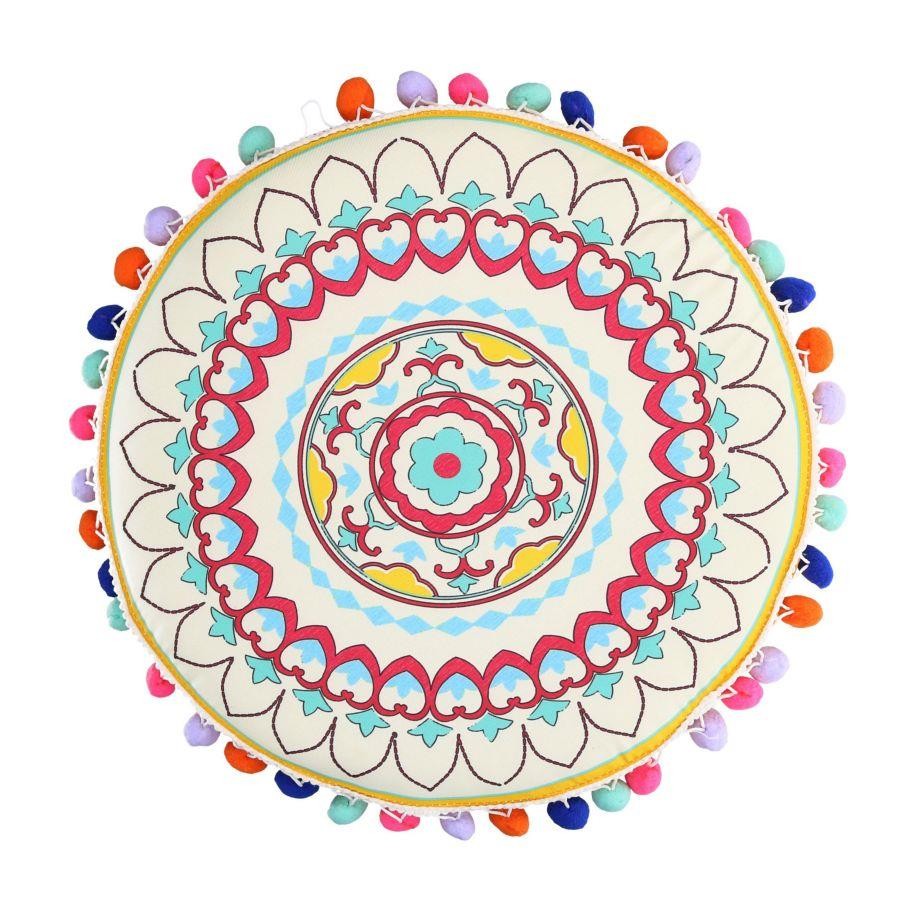 Pouff in velluto giallo arancione con pompon