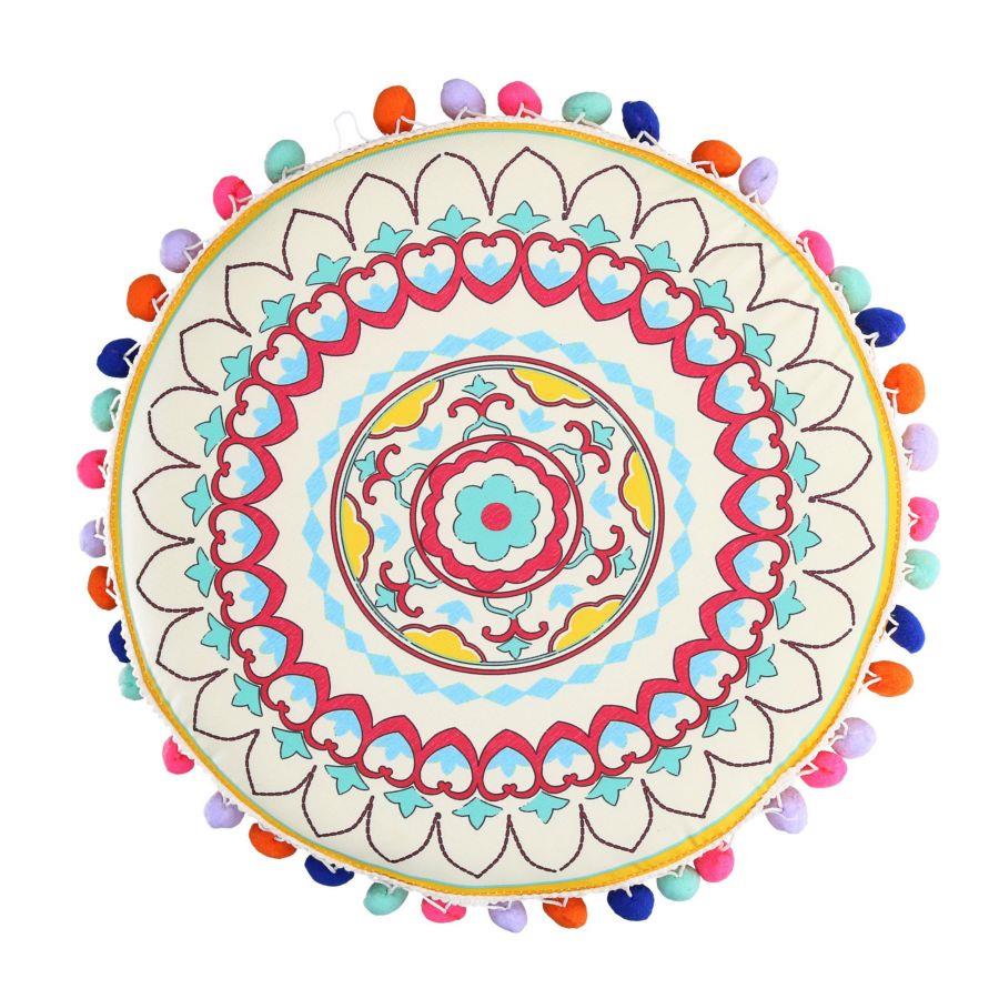 Pouff in velluto giallo arancione con pompon