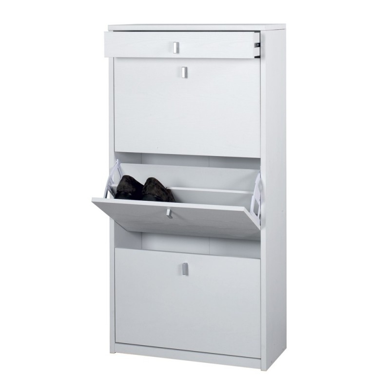 Space-saving slim shoe rack three doors one drawer Ash White 63x29x h127 cm