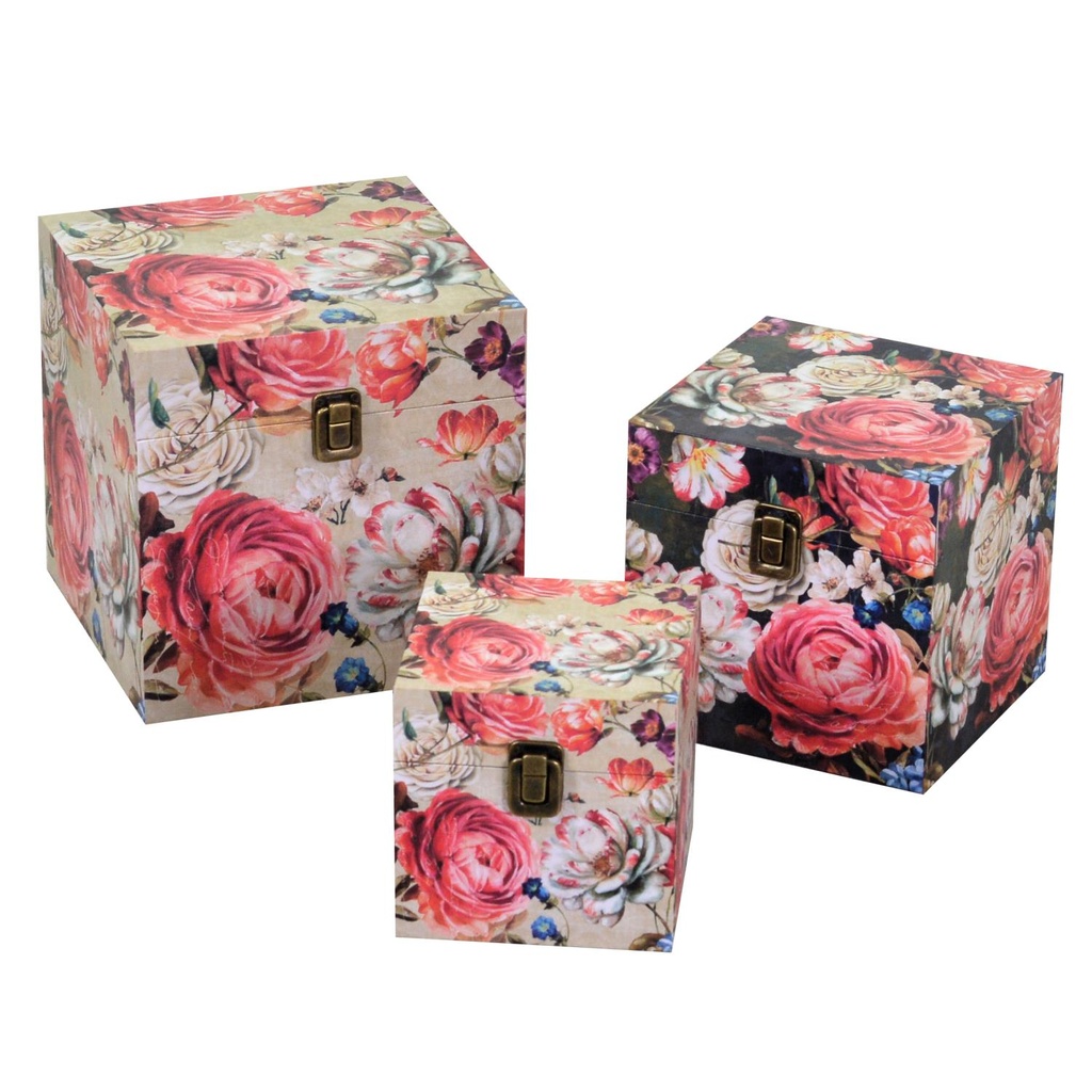 Faux leather box 1-3 square cream flowerscm22x22h22