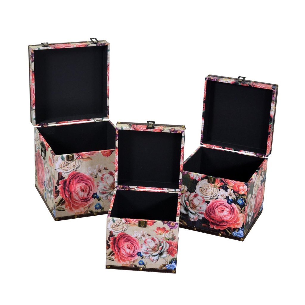 Faux leather box 1-3 square cream flowerscm30,5x30,5h30,5