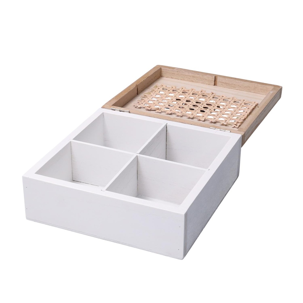 Scatola portathe legno 4 scomparti bianco quadro cm18x18h7