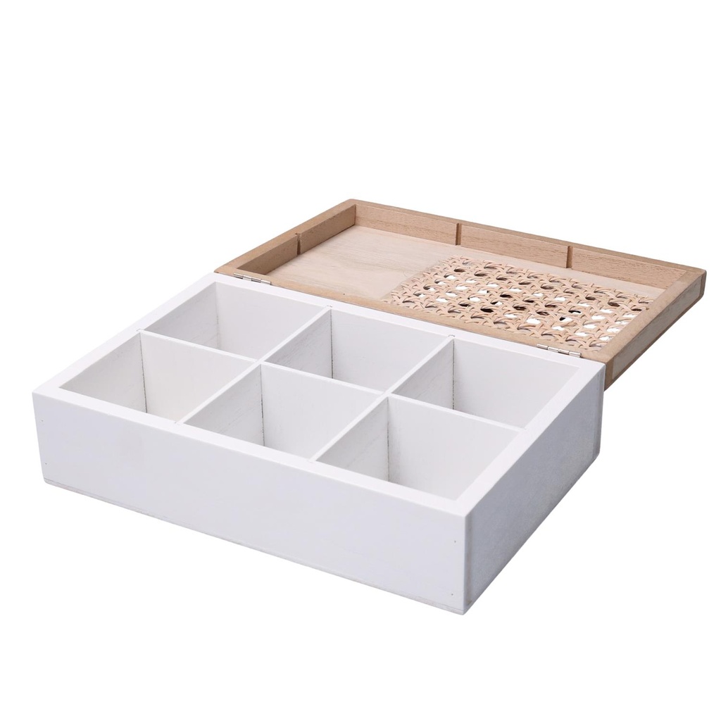 Scatola portathe legno 6 scomparti bianco rettangolare cm24x16h7