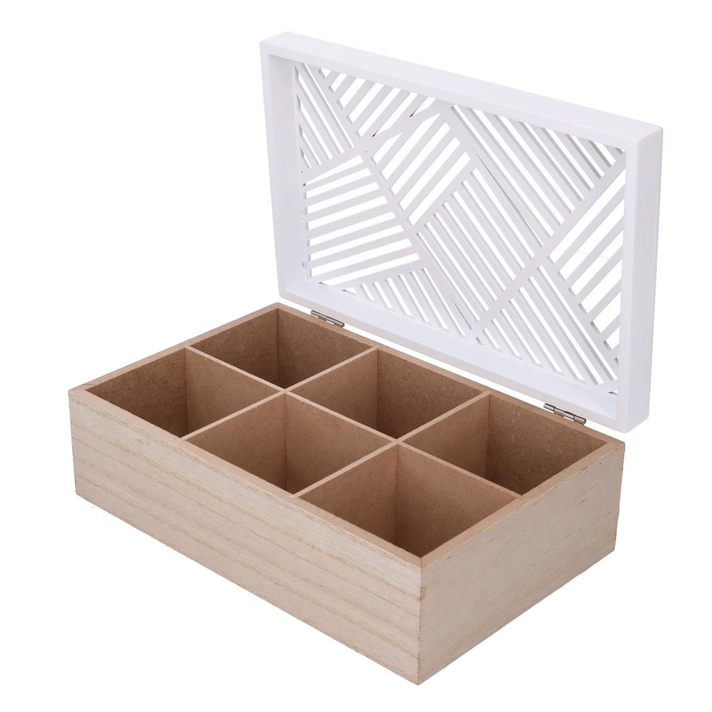 Scatola portathe legno bianco rettangolare 6 scomparti cm23x15h8